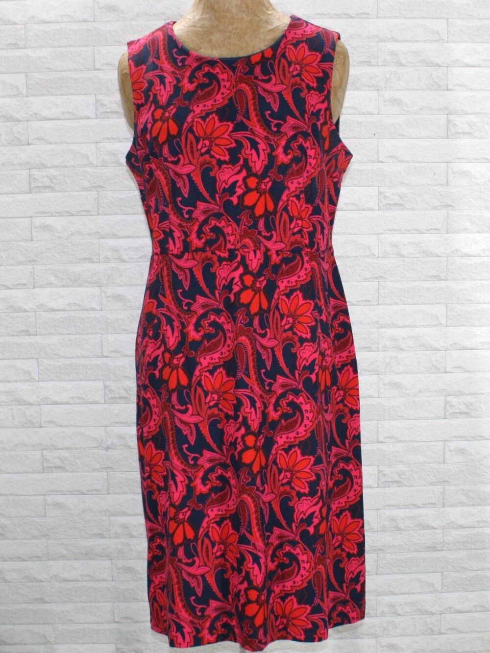 LANDS' END Dress Paisley Sleeveless Ponte Knit Sheath Vibrant Midi Navy Pink 12
